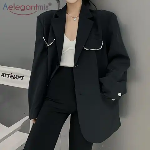 Женский офисный Блейзер Aelegantmis, черный свободный винтажный элегантный пиджак-оверсайз с жемчужинами, в стиле оверсайз