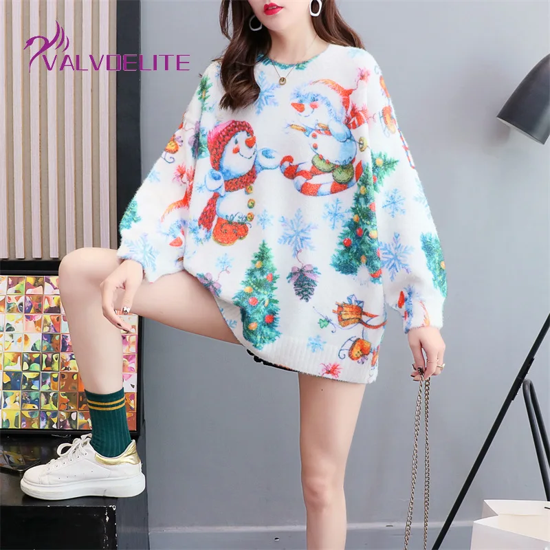 

Новинка 2021, женский свитер с круглым вырезом, зимний бархатный теплый вязаный пуловер, топ с рождественским принтом, Модный Универсальный с...