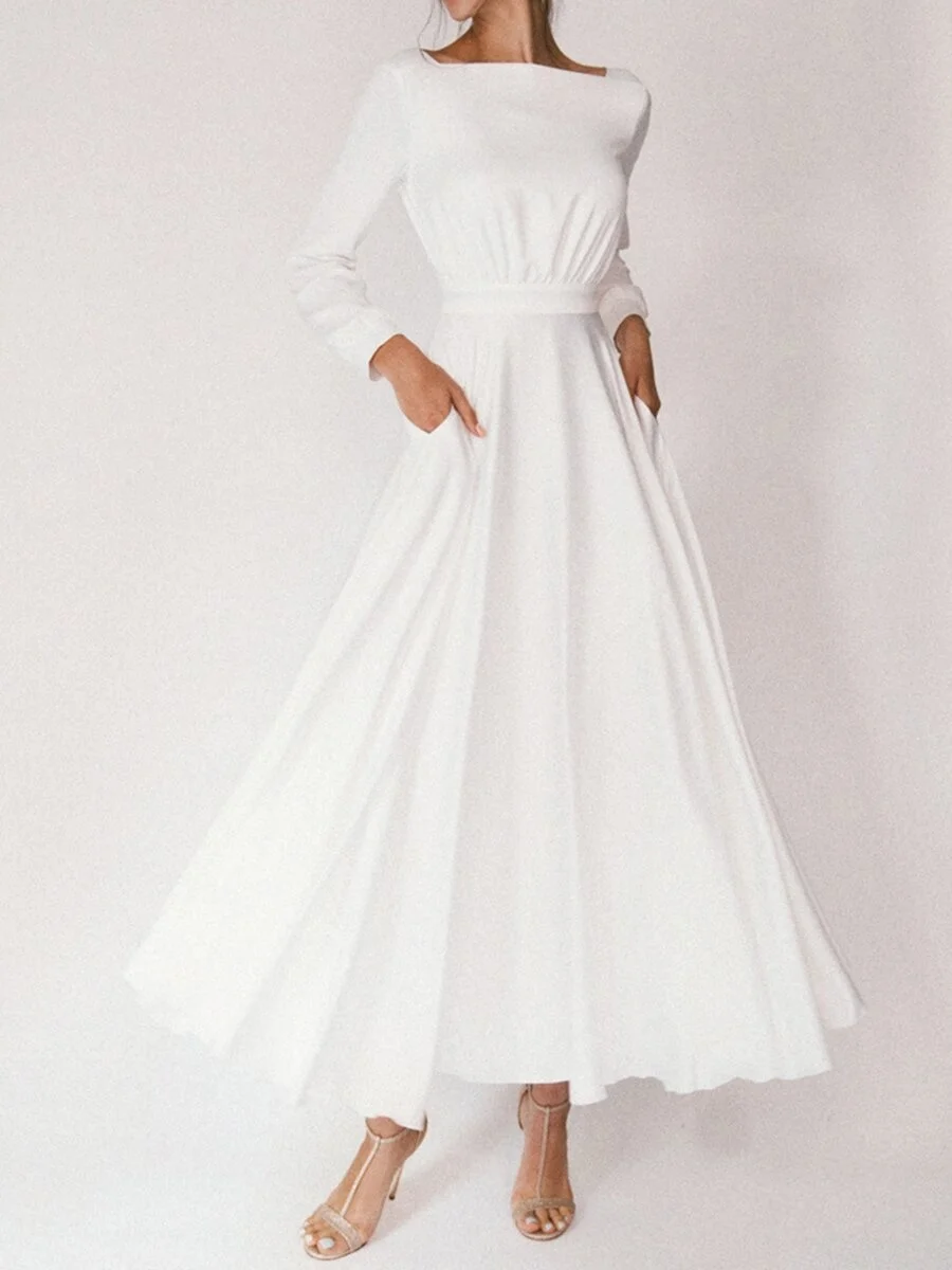 

2021 Summer New Women's Long Sleeve Round Neck Open Back Swing Ball Gown Elegant Real Price