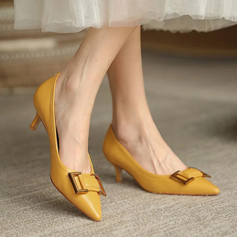 

5cm Ol Office Lady Shoes Pointed Toe Pumps Women Dress Shoes Yellow High Heels Thin Heeled Ladies Shoes zapatos mujer Spring NEW