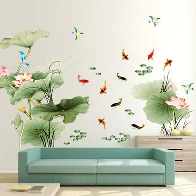 

DIY Large Lotus Leaves Wall Stickers Flower Fish Bedroom Home Decor Chinese Style Living Room Sofa TV Backdrop Decor Wallpaper