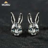 cute silver color green zircon eye rabbit stud earrings for men women motorcycle party biker earrings punk ear hiphop jewelry