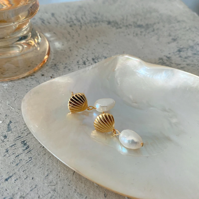 

SUPERAINBOW 925 Sterling Silver Shell Baroque Freshwater Pearls Drop Earrings for Women Girl Gold Fine Jewelry Gifts SR-E50