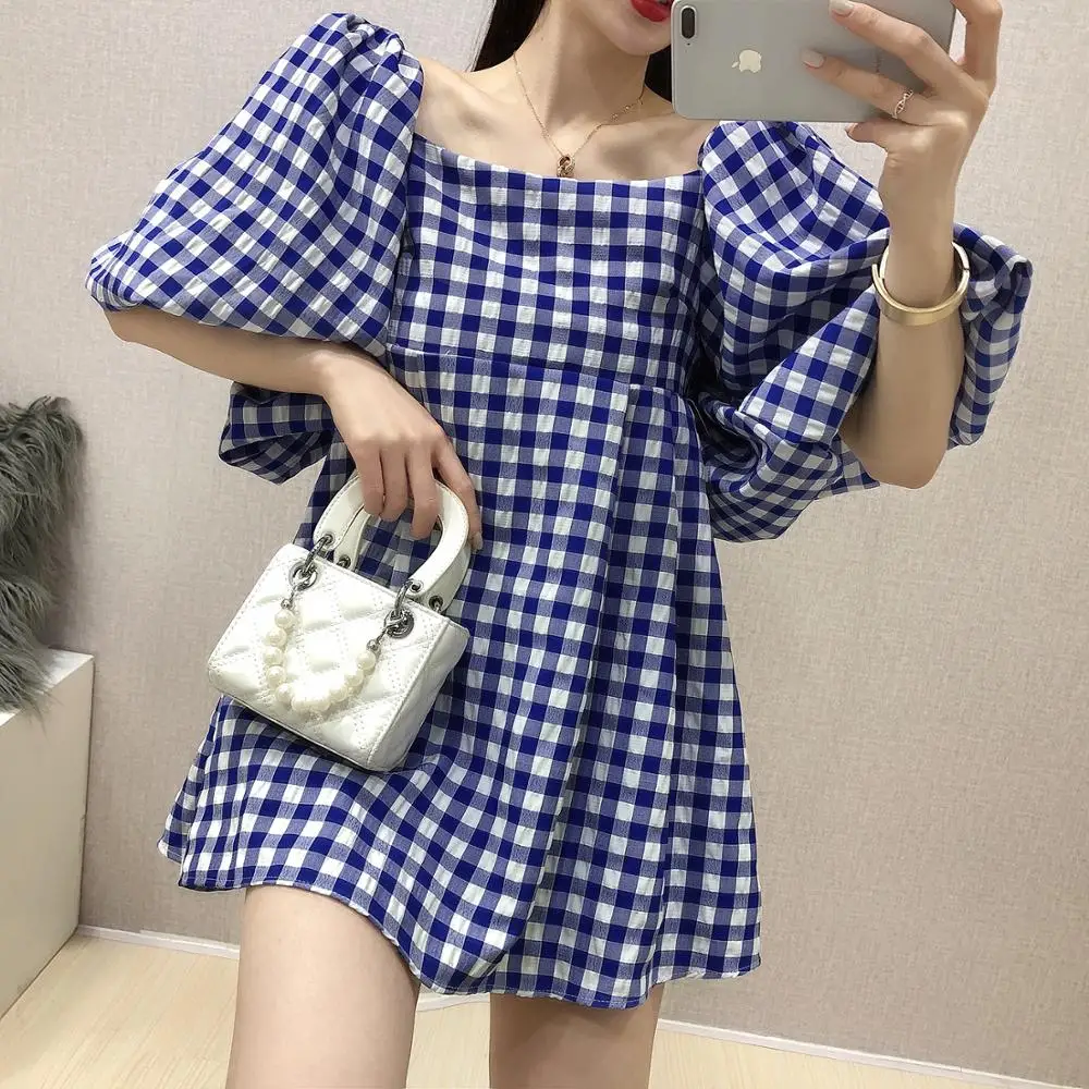 

2020 new summer and autumn fashion women clothes Hubble-bubble Sleeve sqaure collar lantern sleeves pullover plaid dress