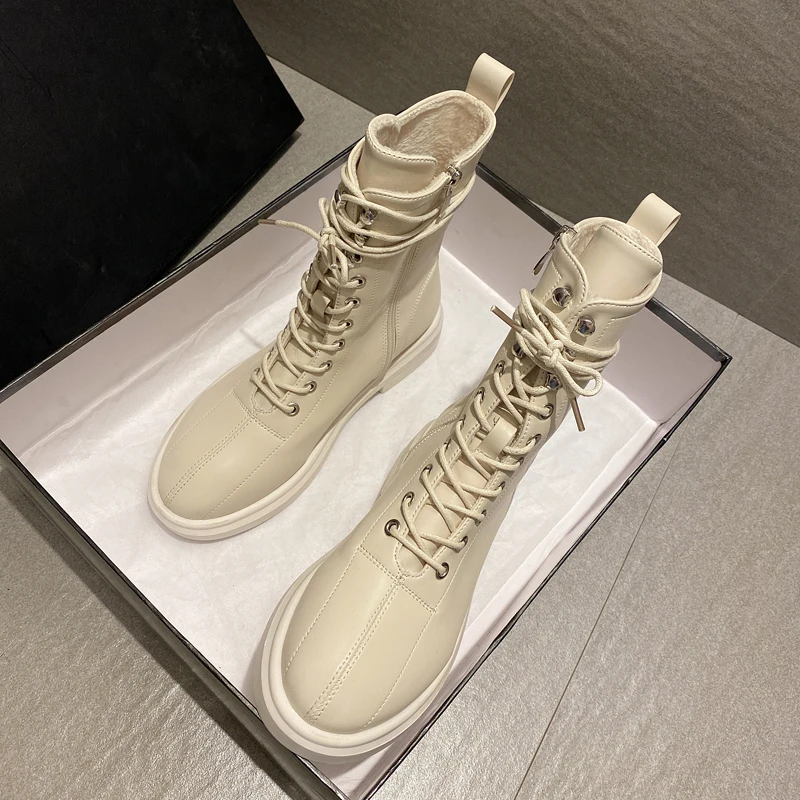 Бежевые черные кожаные женские Ботинки Martin модная зимняя теплая обувь