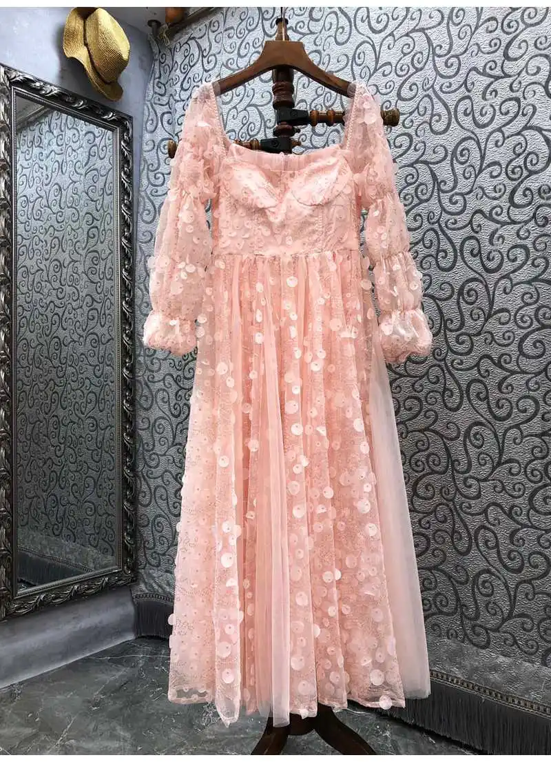 Top Quality New Gown Dress 2022 Spring Wedding Party Women Sexy Square Collar Sequined Embroidery Long Sleeve White Pink Gowns