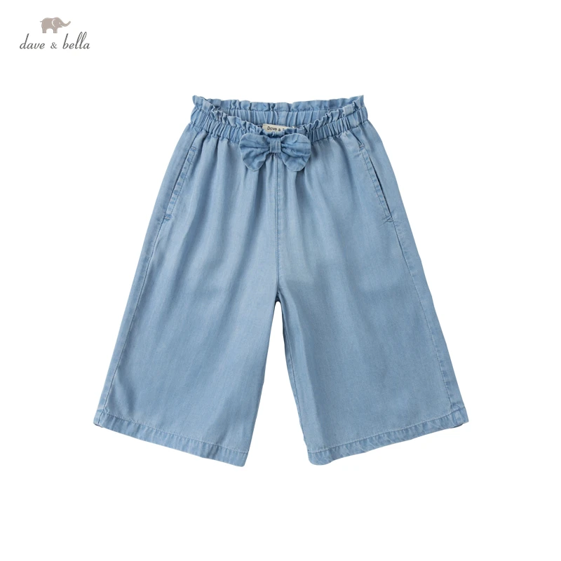 

DKS17578 dave bella summer 5Y-13Y kids girls fashion bow solid pockets pants children boutique casual calf-length pants
