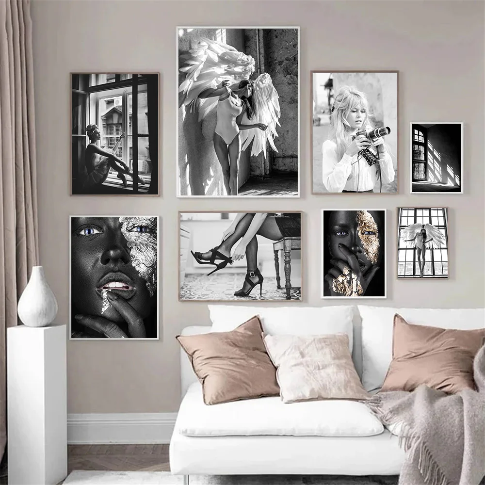 

Golden Silver Woman Wall Painting Angel Wings Sexy Girl Print Black And White Canvas Poster Fashion Wall Art Pictures Home Decor
