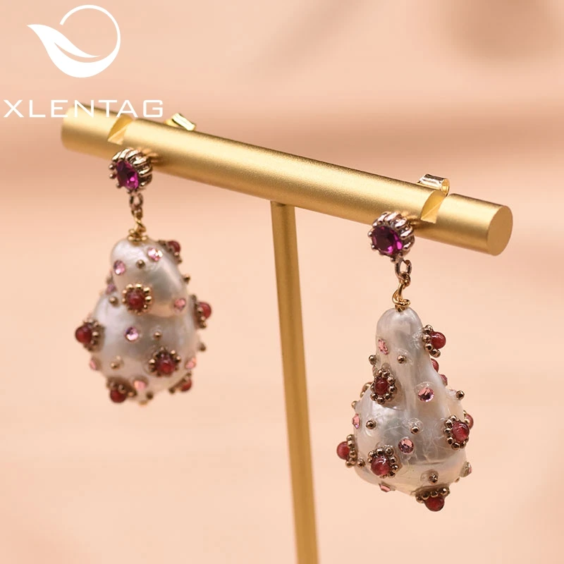 Женские серьги подвески с натуральным жемчугом XlentAg вечерние красным цирконием в