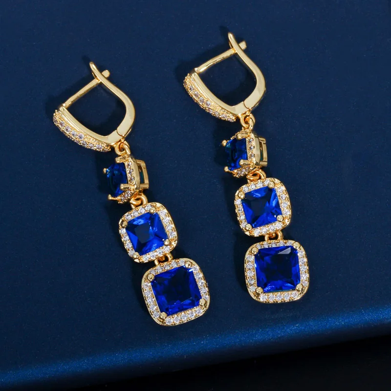 Gold Blue Pera классические длинные индийские серьги с 3 большими квадратами и красным кубическим цирконием, винтажные женские вечерние серьги из желтого золота E281 - Окраска металла: Gold Blue