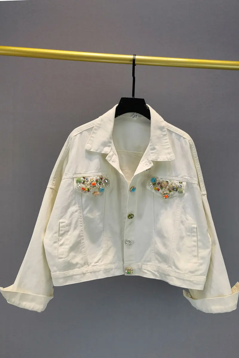 

European Pearl Rhinestone White Denim Jacket for Women 2021 Spring Autumn New Loose Jean Jacket Female Tops Croped Coats Trendy