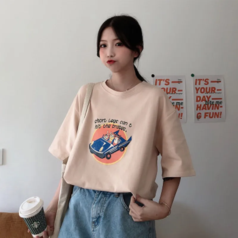

2020 New Summer Women Loose Casual O-Neck T-Shirt Female High Quatily Print Tops Ladies Cotton Fashion Short SleeveTees L104