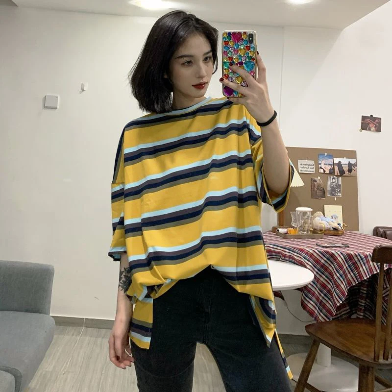 

Summer Striped Wome Short Sleeve T Shirt All-match Sexy Born Sweet High Street Student Girls Tops Tee Oversized Fashion Harajuku