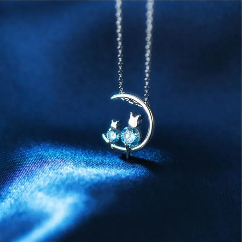 

Korean Style Blue Crystal Moon Cat 925 Sterling Silver Jewelry Temperament Personality Clavicle Chain Necklace for Women Luxury