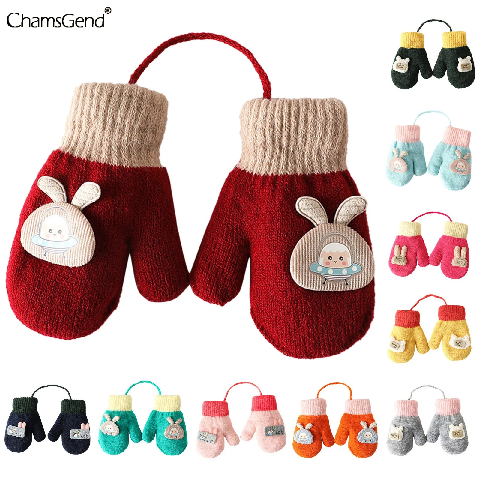 

Детские перчатки с мультяшным рисунком, зимние вязаные шерстяные варежки для новорожденных, бархатные плотные детские перчатки с подвесны...