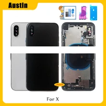 Full Housing for Iphone X Battery Back Cover Door Rear Case Middle Frame Chassis + Back Glass with Flex Cable Parts Black White