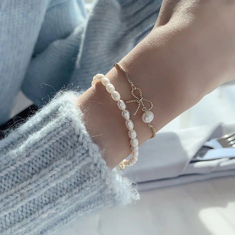 

2pcs/set New Korean Bowknot Baroque Gold Natural Pearl Bracelets for Woman Fashion Jewelry Party Girl's Elegant Set Accessories