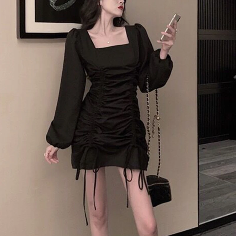 

Women Shirring Dress Slim Puff Sleeve Skirt Pure Color Fashion Plus Size Dress for 2021 New Fashion ENDQ