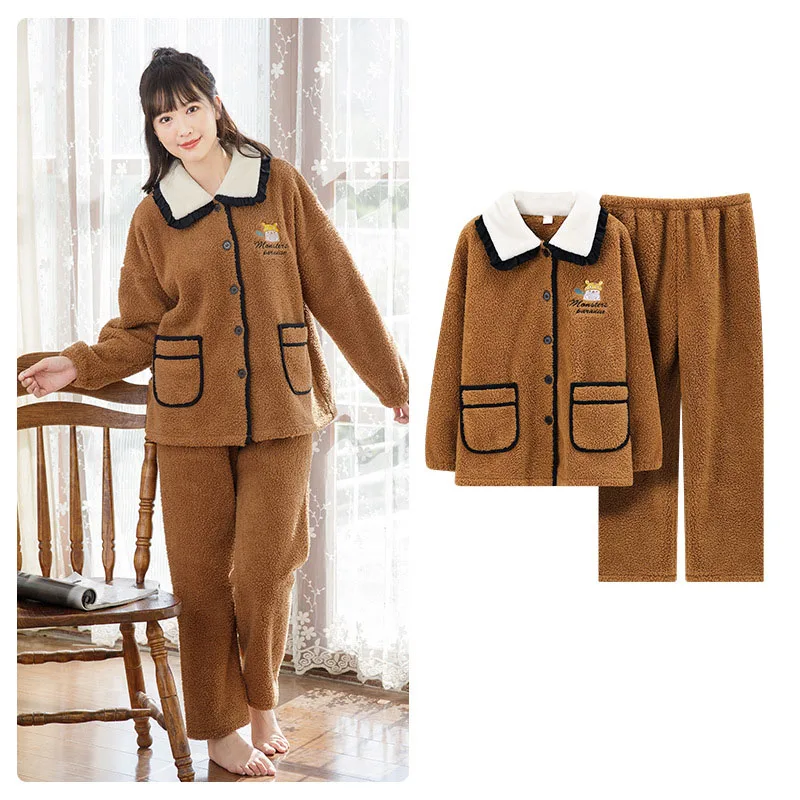 

Winter Pajamas Women Lamb Velvet Thickened Plus Velvet Warm Kerst Pyjama Cardigan Korean Flannel Nuisette Femme Suit Sleep Tops