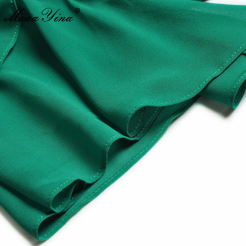 

MoaaYina Fashion Runway Designer Summer Green Midi Dress Women's Elegant V-neck Ruffles Short Sleeve Dress