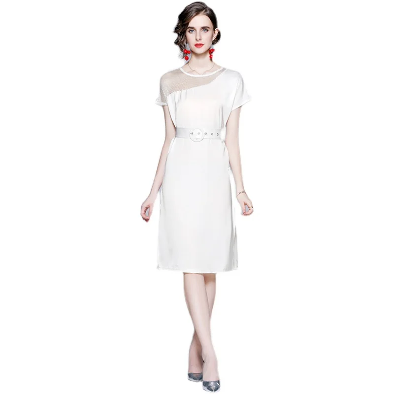 

Simgent White Office Dress Women Short Sleeve A Line Elegant Belted Slit Knee Length Dresses Woman Clothing Vestidos SG17313