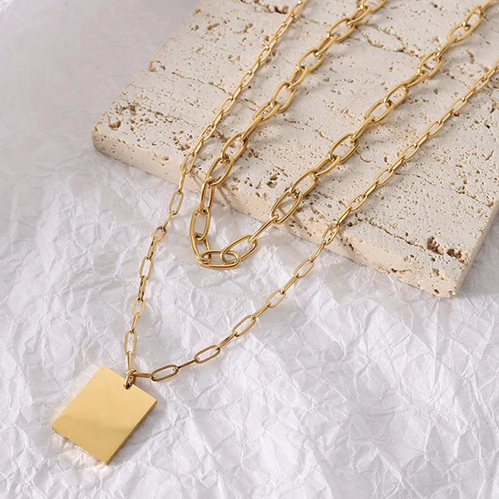 

2022 New Model Stainless Steel Minimalist Square Pendant Necklace 18k Gold Plate PVD IPG Double Charm Necklace Chain for Women