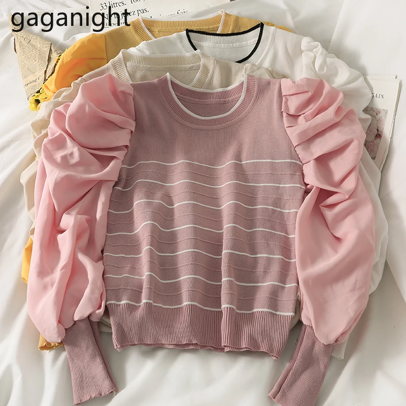 

Gaganight, свитер с пышными длинными рукавами для женщин, весна-осень, офисные женские корейские пуловеры, Новое поступление 2021, шикарный женски...