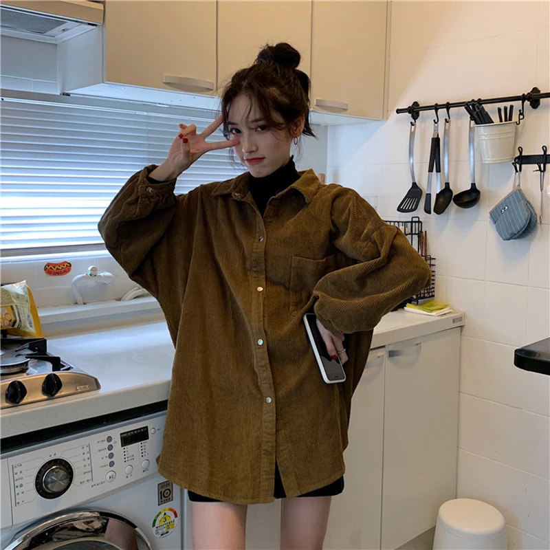 

Fall 2021 Pink Corduroy Buttoned Shirts Women Korean Fashion Lantern Sleeve Black Blouse Woman Vintage Loose Blusas Tops Mujer