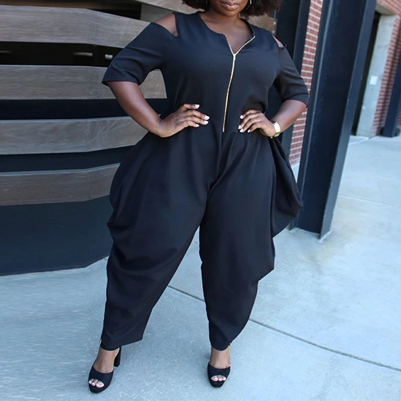

Women Solid Color Hollow Out One Piece Jumpsuit Ladies Zipper Front Half Sleeve Rompers Plus Size