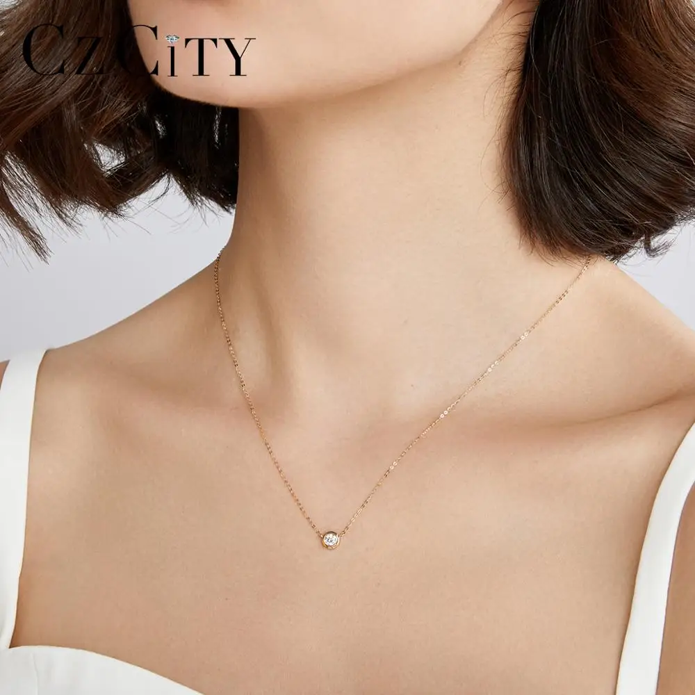 CZCITY, твердая, чистая, 14 к, золотая, круглая подвеска, ожерелья для женщин с AAA кубическим цирконием, желтое золото, хорошее ювелирное изделие Au 585 Colar N14067