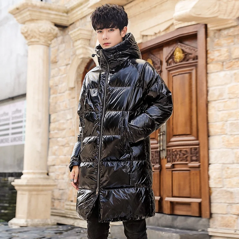 Серебряное пуховое пальто блестящая Черная куртка мужское теплое зимнее с