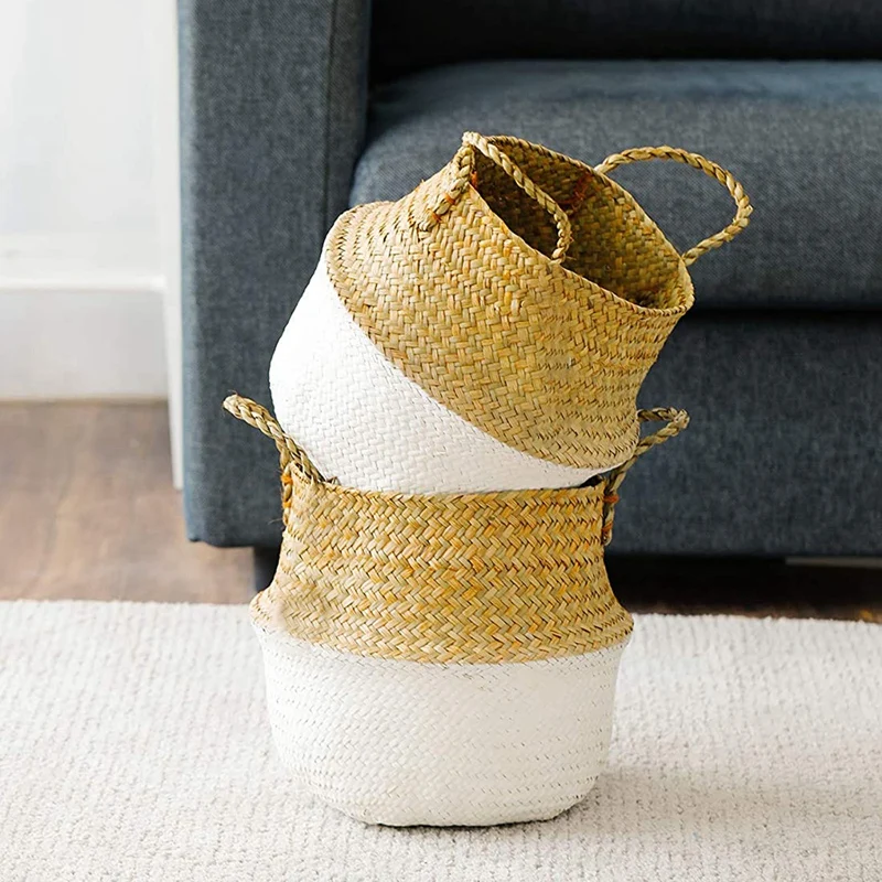 

2Pack Seagrass Plant Basket,Woven Belly Basket with Handles,Storage Laundry,Picnic,Plant Pot Cover,Home Decor