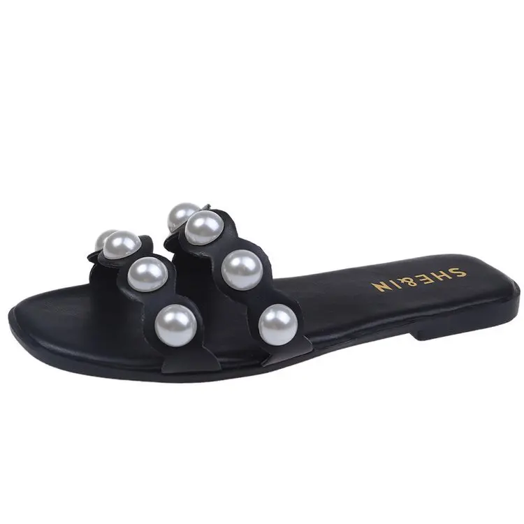 

Flat Shoes Female String Bead Low Woman's Slippers Beige Heeled Sandals Luxury Slides 2021 Soft Summer Black Designer PU Fabric