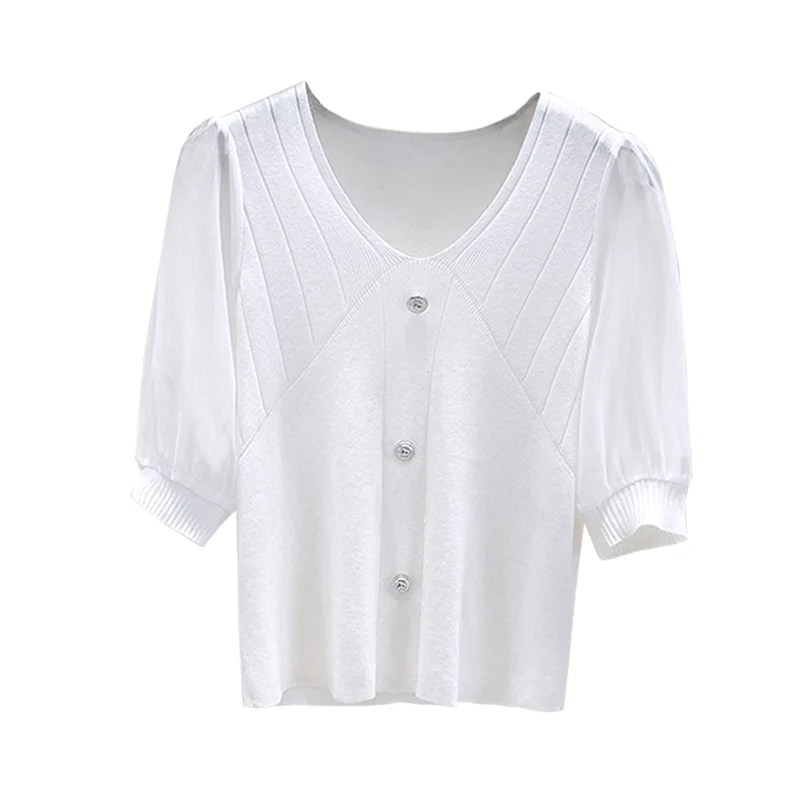 

M-4XL plus size mesh Patchwork kintting thin T-shirt 2021 Summer short sleeve v neck butto casual Oversized sweater pullover