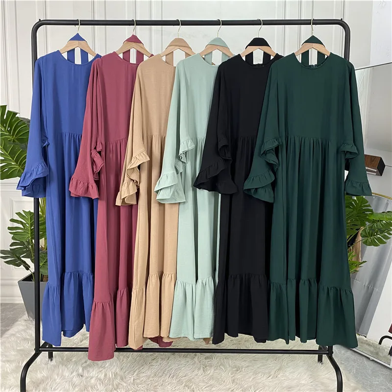 

Eid Ramadan Muslim Women Long Dress Kaftan Abayas Jilbab Turkish Arabic Ruffle Batwing Sleeve Dubai Maxi Robe Gown Middle East