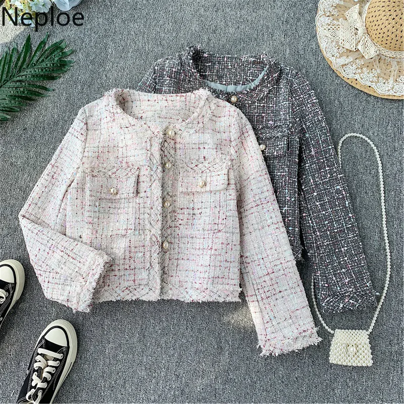 Женская твидовая куртка в стиле пэчворк с круглым вырезом | одежда