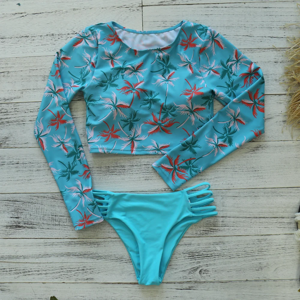 

2021 New Sexy Long Sleeve Bikinis Women Swimsuit Green Leaves Print Bathing Suits Beachwear Brazilian Bikini Set Biquini Female