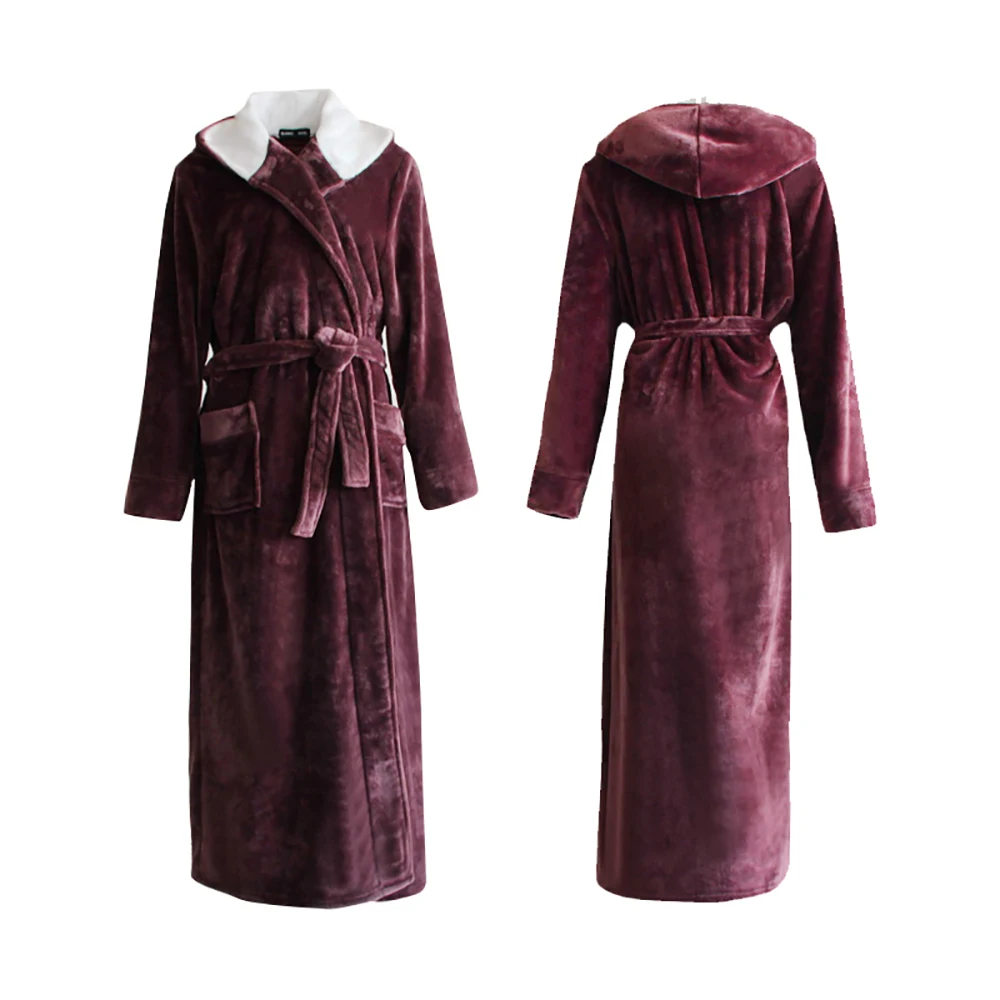 Autumn Winter Flannel Robes for Men Double Layers Hooded Robe Bath Couple Warm Thicken Plus Size Bathrobe Female Bride Nightgown