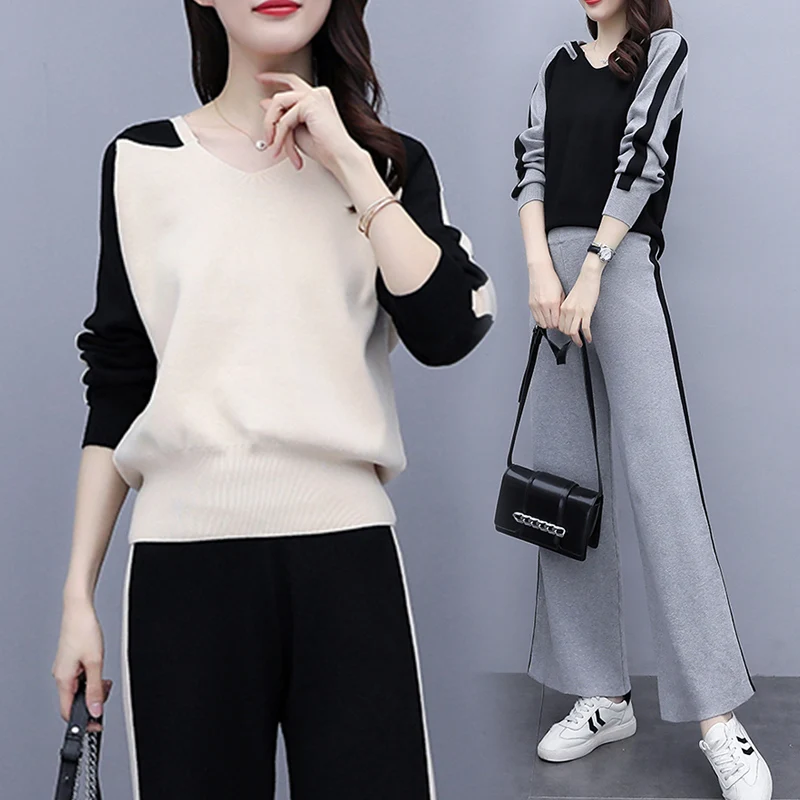 

Women's Fashion Sportswear Patchwork Knitted Sweater Set Ladies Hooded pullover wide legs pants Tracksuit Two pieces suit