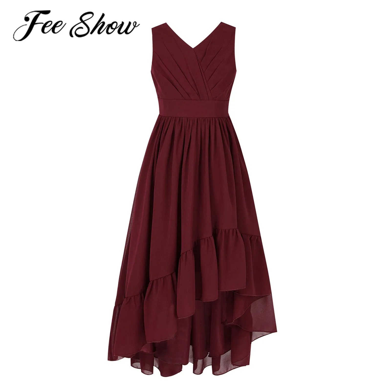 

Summer Girls Dresses V Neck Ruffle High-low Chiffon Prom Princess Partywear Kids Vestidos Pageant Wedding Flower Girl's Dresses