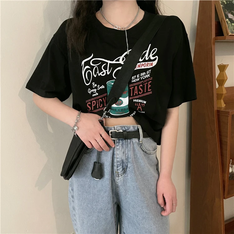 

2237 Korean version of the summer loose all-match t-shirt women's shirt letter printing round neck short sleeves
