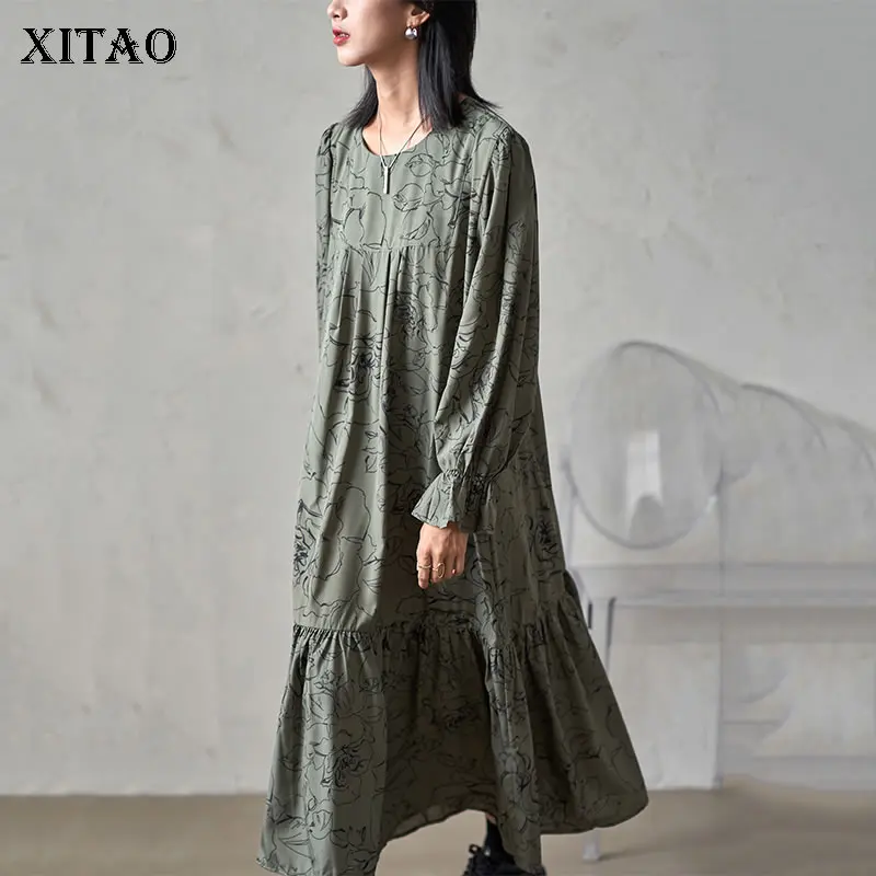 

XITAO Vintage Print Dress Fashion Pleated Splicing Hem Casual Long Sleeve O-neck Collar 2021 Autumn Winter New All-match GWJ1456