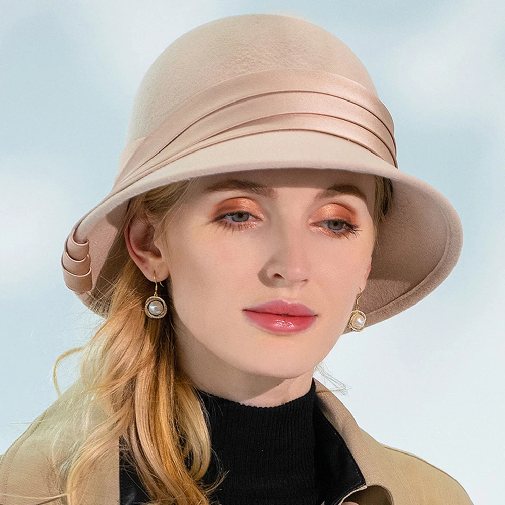 Женская фетровая шляпа-Колокол FS шляпа из верблюжьей шерсти с лентой черного и