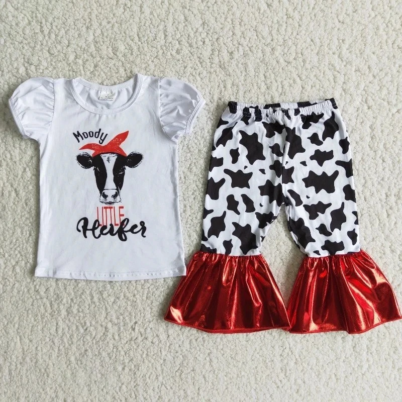 

Wholesale Baby Girl Boutique Set White Cow Short Sleeve Shirt Bell-bottomed Red Bright Leather Capri Children Clothes Kid Outfit