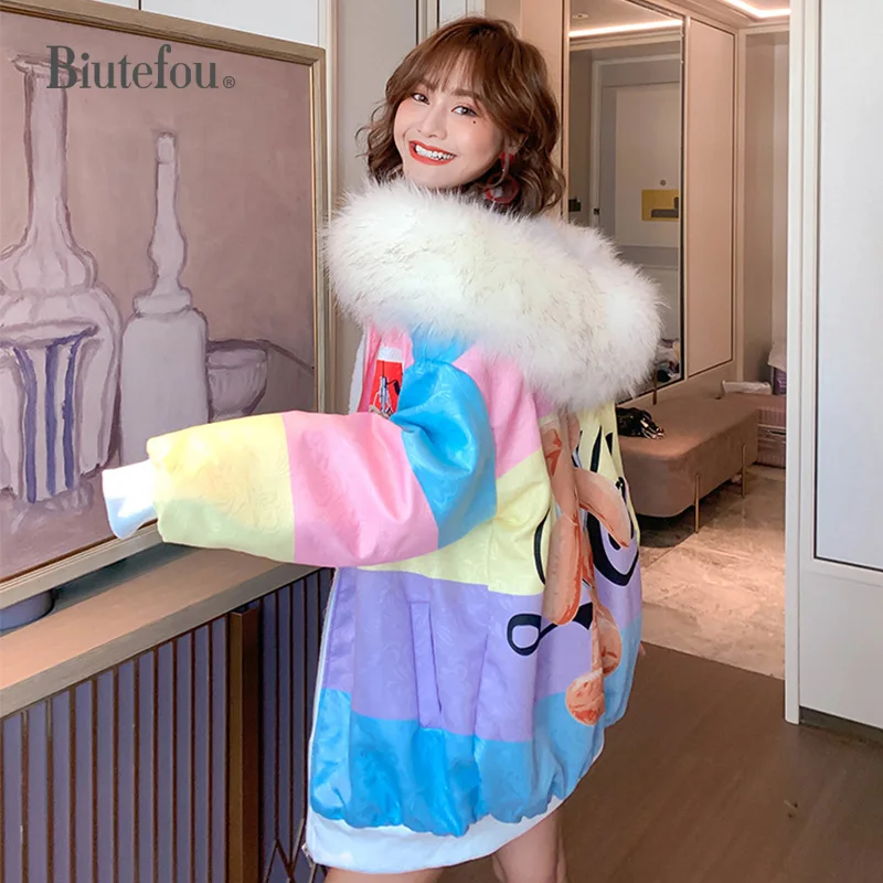 2019 зимние Бархатные Пальто с мультяшным принтом Модные женские шикарные парки