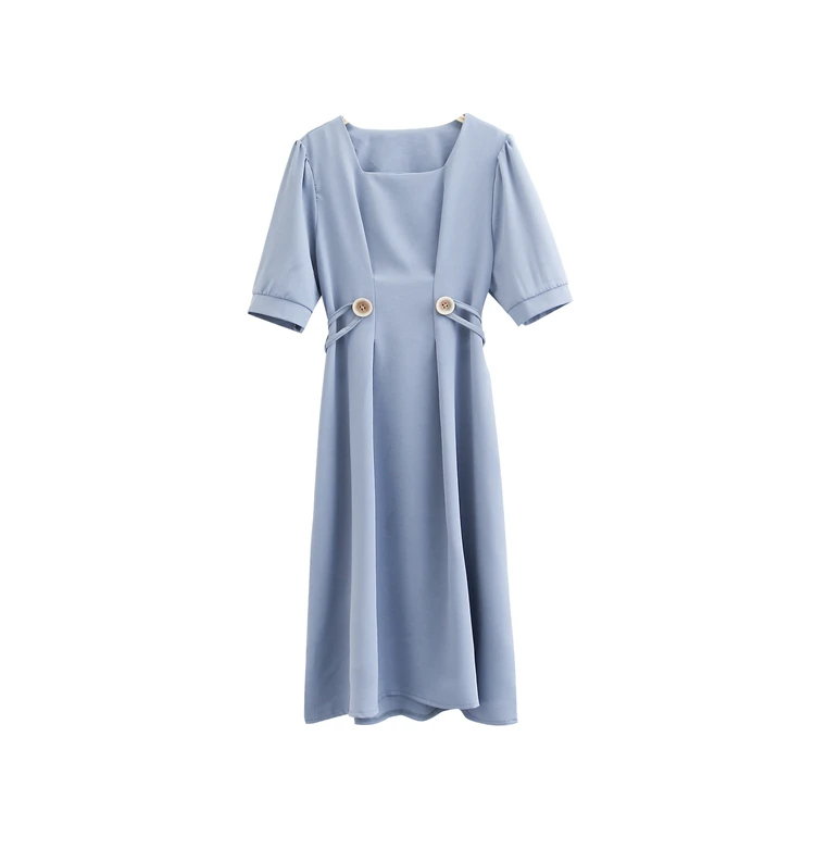 

FINEWORDS Summer Elegant Office Dress Korean Short Sleeve Vintage Slim Dress Blue A Line Work Dress Square Collar Bandage Dress