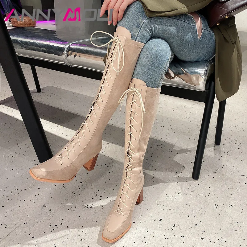 

ANNYMOLI Women Long Boots Shoes Square Toe Thick Heels Knee High Boots Cross Tied High Heel Lady Boots Autumn Winter Apricot 40