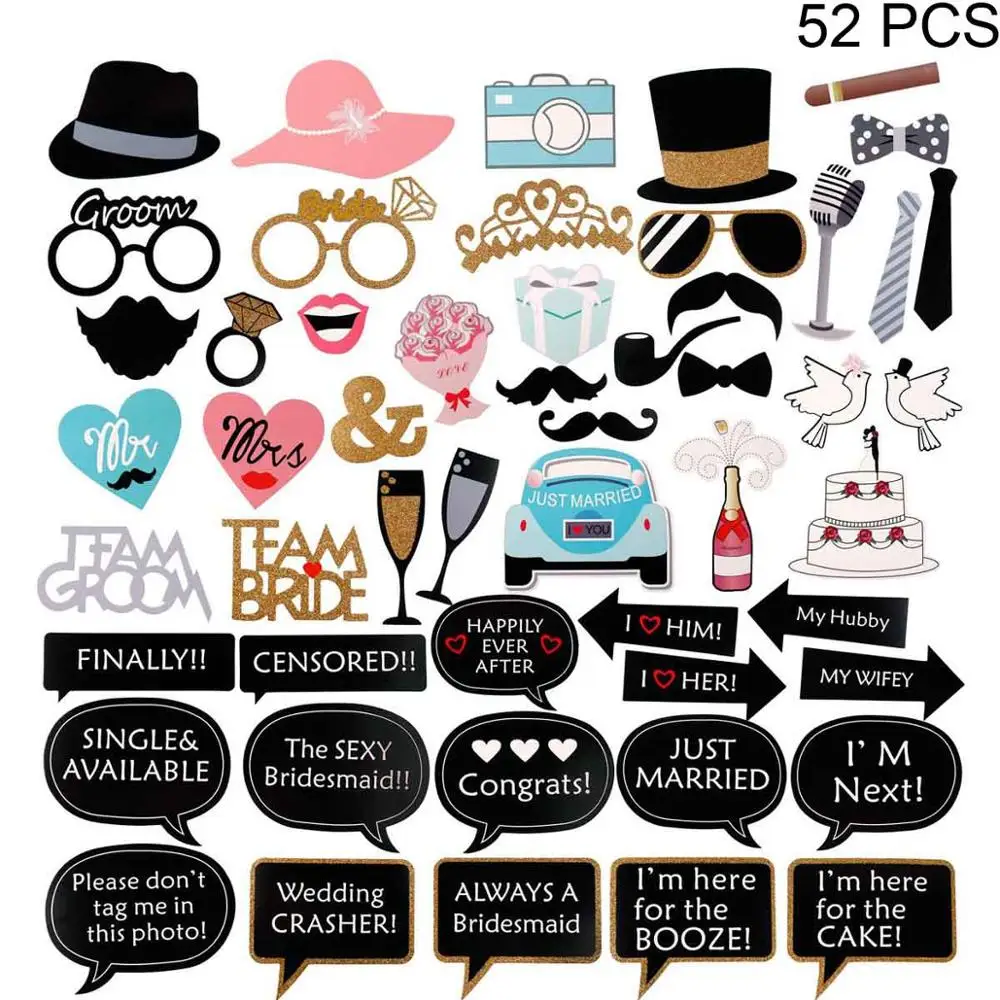 52Pcs Wedding Photo QIFU Photo Booth Реквизит свадебные реквизит для фотографий Mr Mrs Свадебные украшения команда невесты просто замужем Выпускной Babyshower - Цвет: 52Pcs Wedding Photo