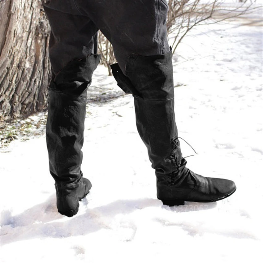 

Medieval Boots Retro Men Male Viking Cosplay Pirate Costume High Boots Tall Knee High Lace Up Vintage Viking Shoes Middle Ages