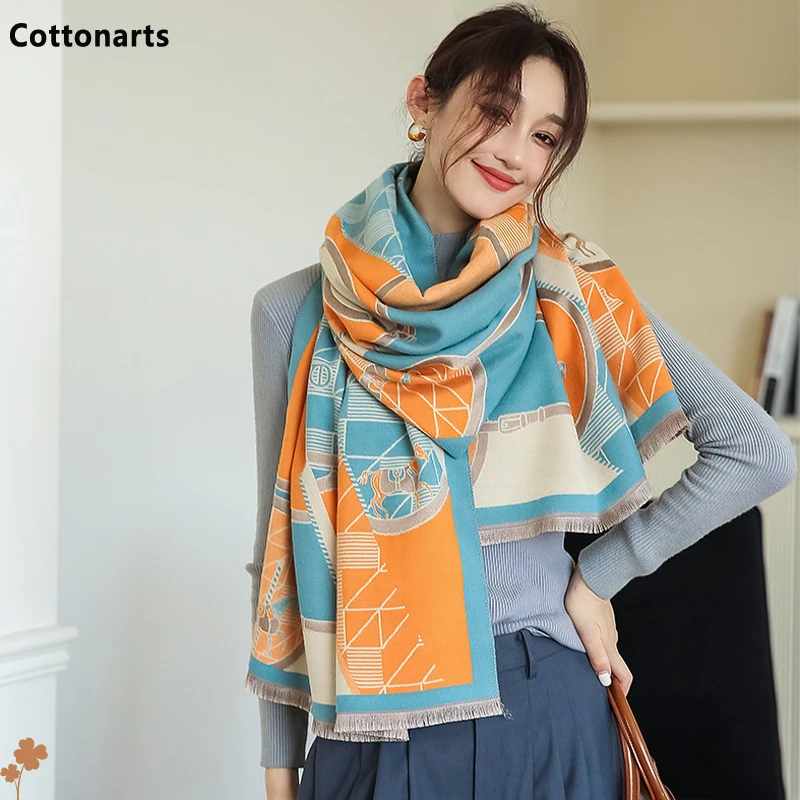 Зимний шарф женские двусторонние кашемировые шали с принтом лошадей Пашмина